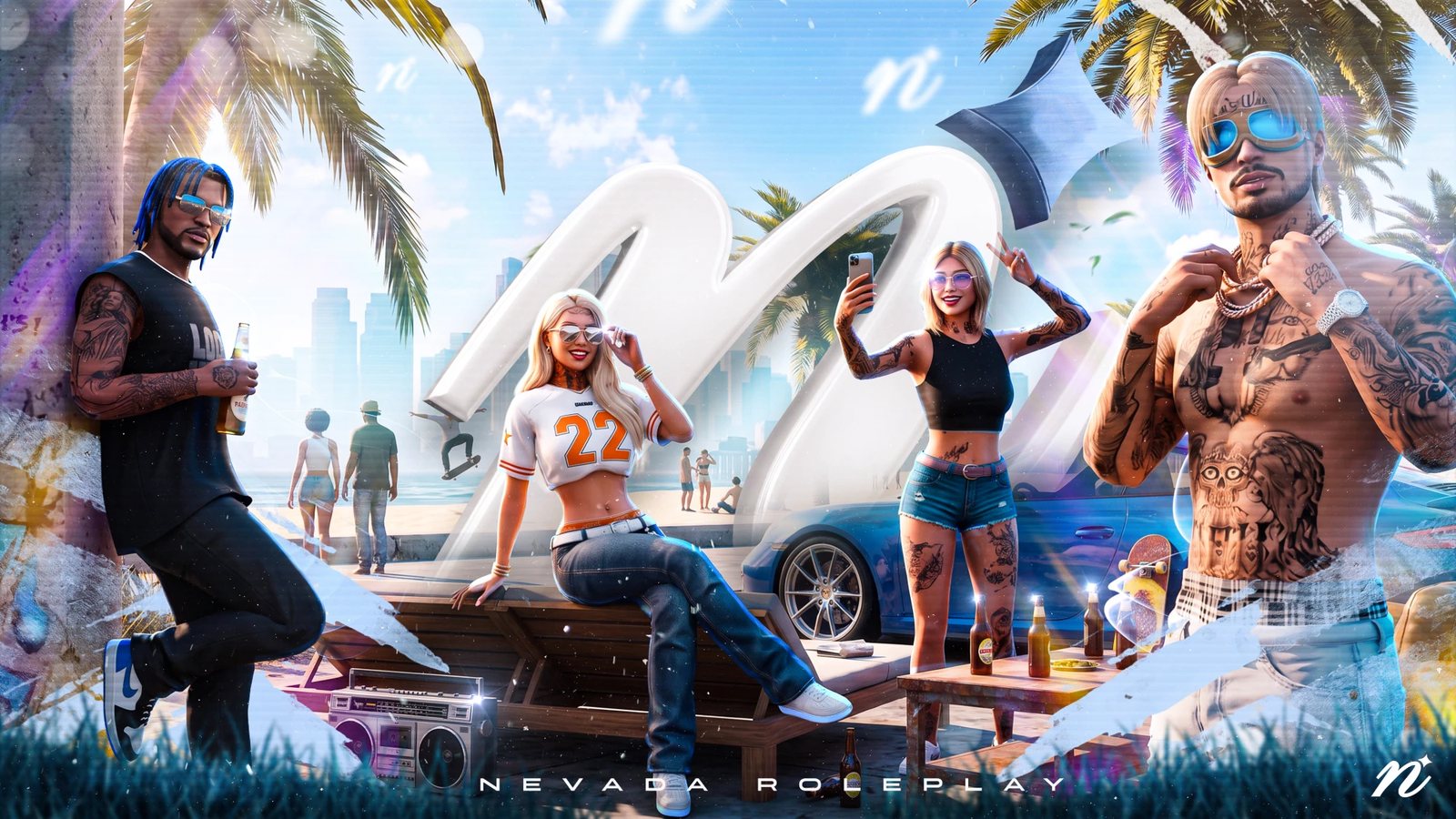 Personnages de Nevada RP réunis sur la plage de Los Angeles autour du logo Nevada Roleplay